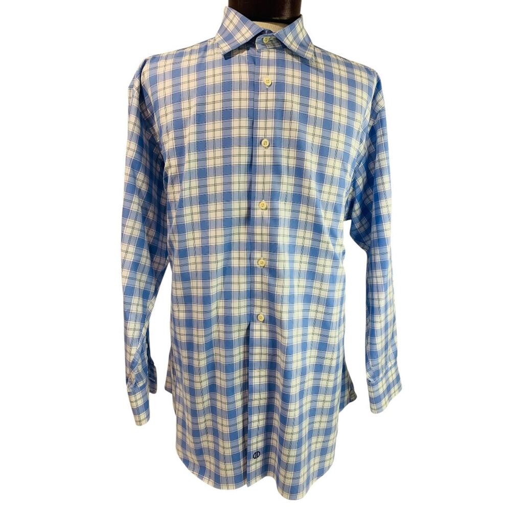 17.5 (32/33) David Donahue Mens Button Up Dress Shirt Plaid Blue
